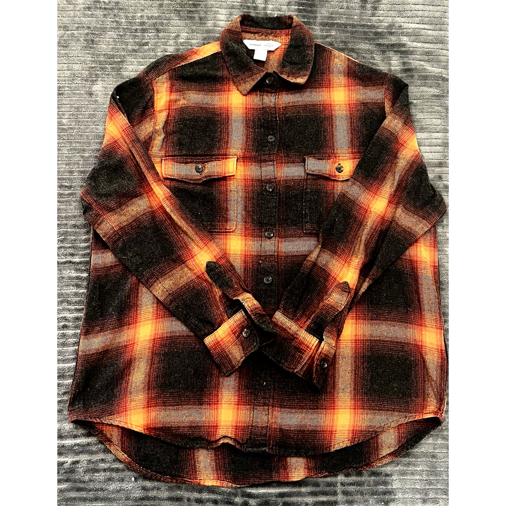 Old Navy Boyfriend Shirt XS Orange Black Plaid Flannel Button Long Sleeve Women